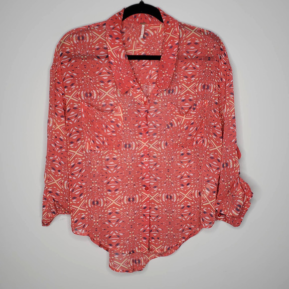 FREE PEOPLE Easy Rider Pink Printed Button Down Lightweight Top Sz X-Small XS - Picture 2 of 7